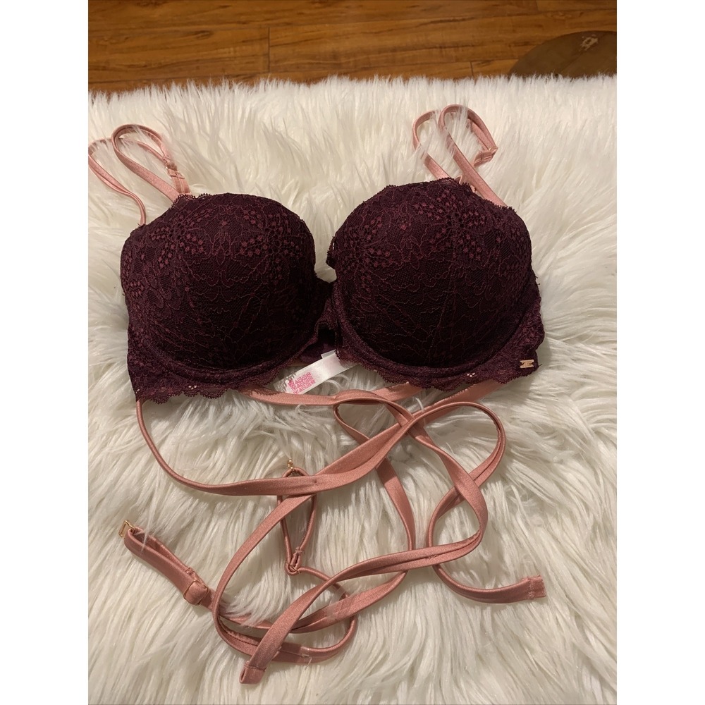 victoria's secret pink Sexy Date Push Up 32D Burgundy Floral Pattern NWOT